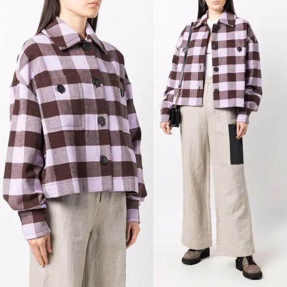 Palm Angels | Purple Brown Buffalo Check Plaid Logo Flannel Shirt Jacket 40 US L - Picture 3 of 16